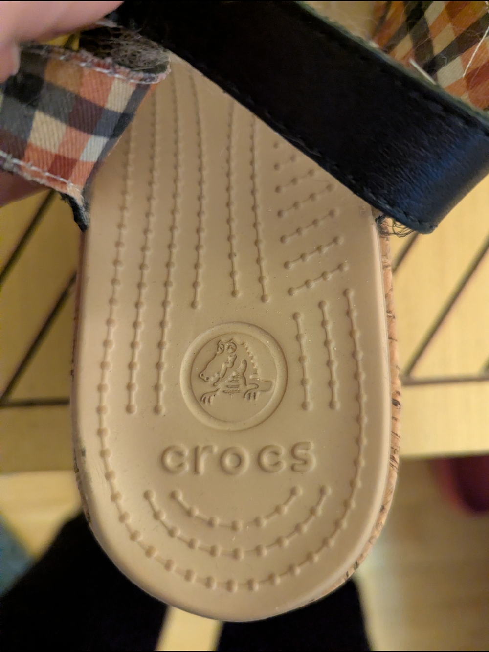 CROCS Beige Footbed with Black Strap Plaid Wedge Sandals